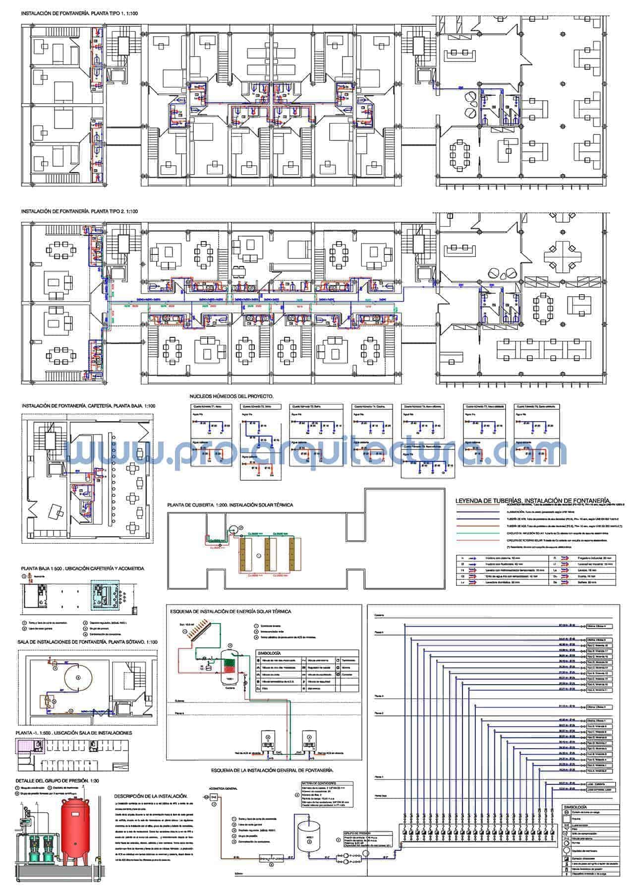 0037-01 Edificio de viviendas. Plano de instalación de fontanería. Tu ayuda con la entrega del pfc pfg tfg tfm de arquitectura.